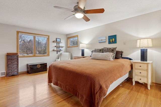 bedroom featuring light wood finished floors, visible vents, a textured ceiling, and baseboards