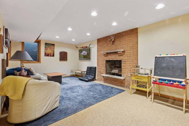 carpeted living room featuring recessed lighting and a fireplace