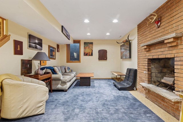 carpeted living area with recessed lighting, a brick fireplace, and baseboards