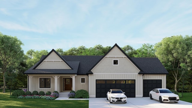 modern farmhouse with a garage and a front yard