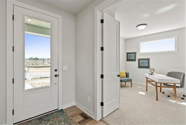 entryway with plenty of natural light and light carpet