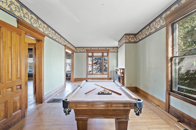 rec room featuring light hardwood / wood-style floors and pool table