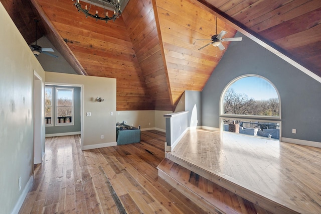 bonus room featuring hardwood / wood-style floors, vaulted ceiling with beams, ceiling fan, and wooden ceiling