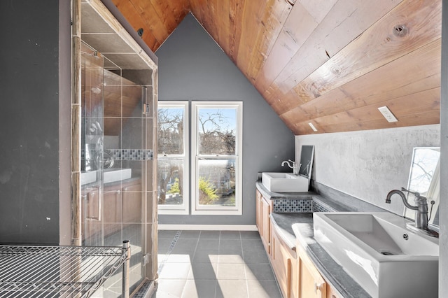 bathroom with vanity, a shower, lofted ceiling, tile patterned flooring, and wood ceiling