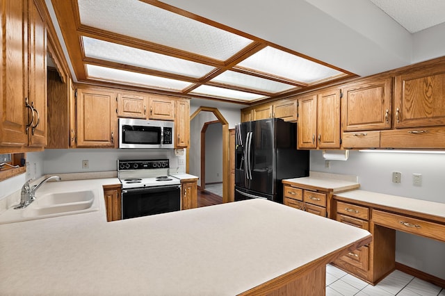 kitchen featuring kitchen peninsula, black fridge with ice dispenser, sink, light tile patterned floors, and electric range