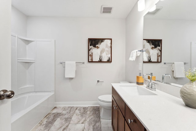 11728 35th St N, Lake Elmo, MN 55042 - bathroom with vanity, marble finish floors, baseboards, toilet, and shower / bathtub combination