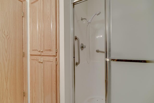 bathroom with a shower with shower door