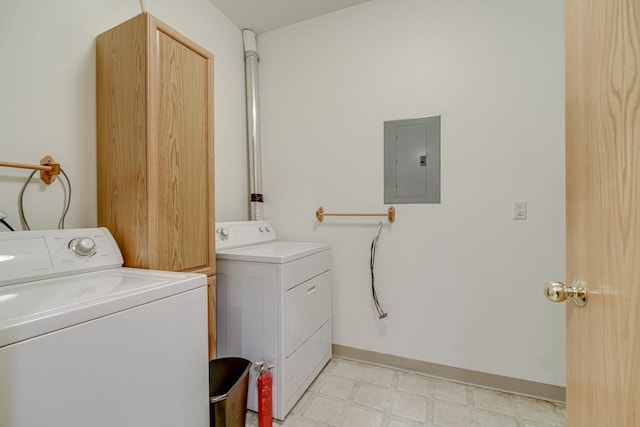 laundry room featuring electric panel and washing machine and clothes dryer