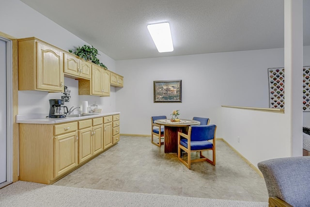 kitchen with a textured ceiling, light colored carpet, light brown cabinetry, and sink