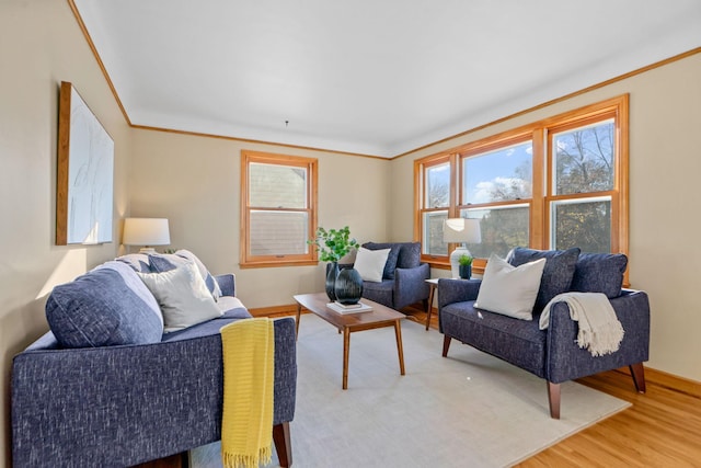 living room with hardwood / wood-style floors, a healthy amount of sunlight, and crown molding