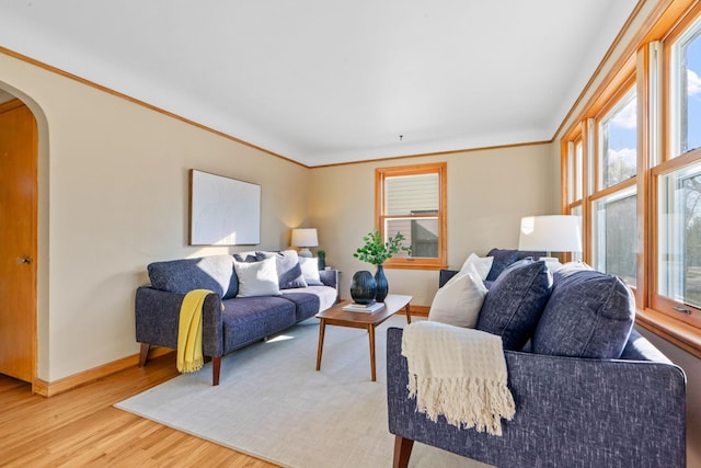 living room featuring ornamental molding and light hardwood / wood-style floors