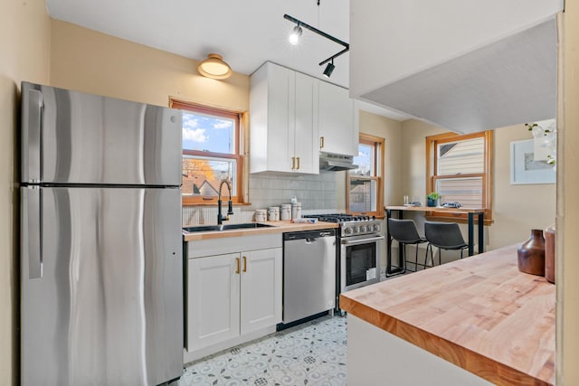 kitchen with appliances with stainless steel finishes, sink, a healthy amount of sunlight, and white cabinets