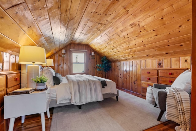 bedroom featuring wooden ceiling, hardwood / wood-style flooring, wooden walls, and lofted ceiling