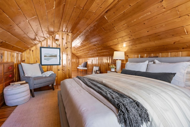 bedroom featuring wood walls, vaulted ceiling, wooden ceiling, and wood-type flooring