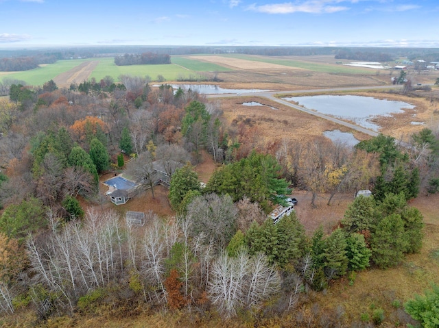 bird's eye view featuring a water view and a rural view