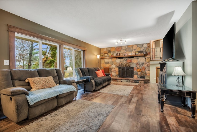 living room with hardwood / wood-style floors and a stone fireplace