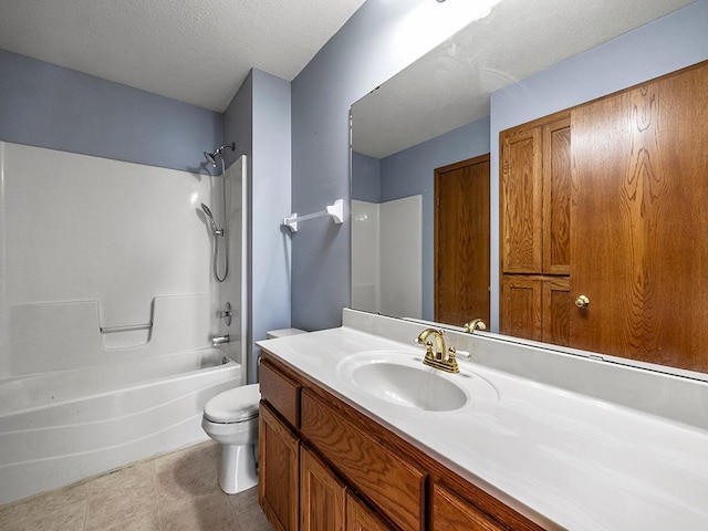 bathroom with toilet, tile patterned flooring, bathtub / shower combination, a textured ceiling, and vanity