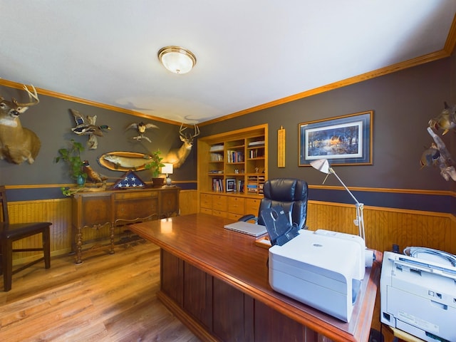 office space with ornamental molding, hardwood / wood-style floors, and wood walls