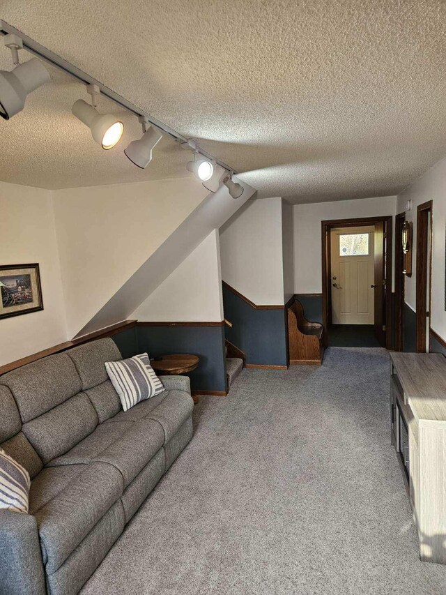 living room featuring a textured ceiling and carpet flooring