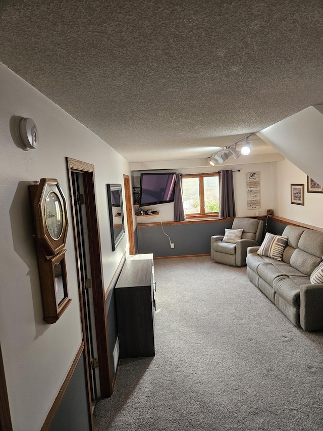 living room with vaulted ceiling, a textured ceiling, rail lighting, and carpet floors