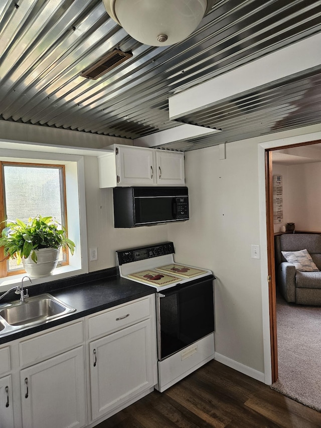 kitchen with electric stove, white cabinets, dark hardwood / wood-style floors, and sink