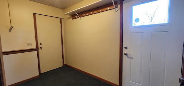 interior space featuring dark carpet and a textured ceiling