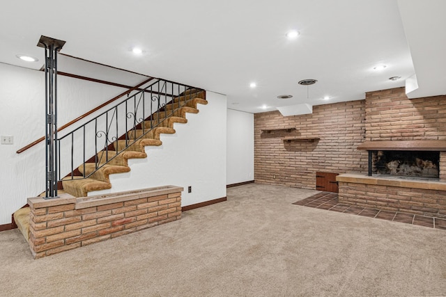 carpeted living room featuring a brick fireplace