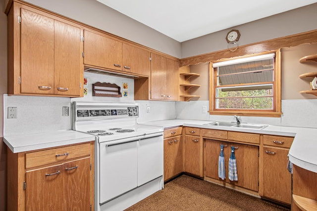 kitchen featuring white electric range, tasteful backsplash, and sink