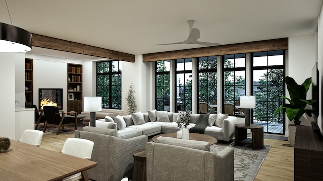9910 Crestwood Ter Unit 2, Eden Prairie, MN 55347 - living room featuring light wood-type flooring, ceiling fan, healthy amount of natural light, beam ceiling, and built in features