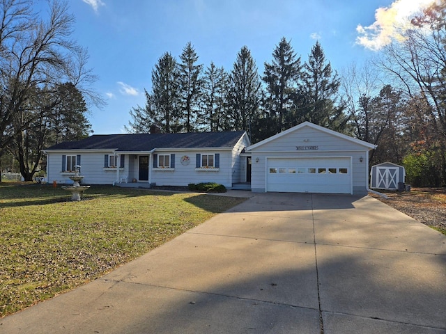 single story home featuring a front lawn, a garage, and a storage shed