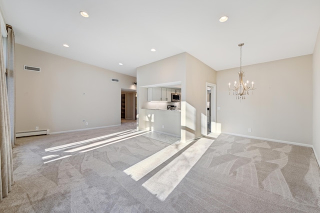 unfurnished living room featuring light colored carpet, a baseboard radiator, and a notable chandelier