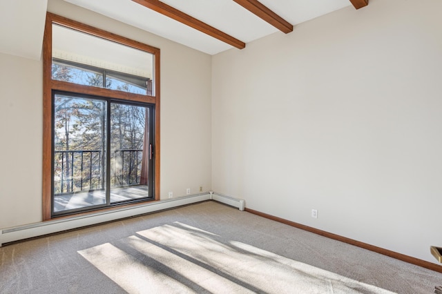 empty room featuring carpet floors, beamed ceiling, and a baseboard heating unit