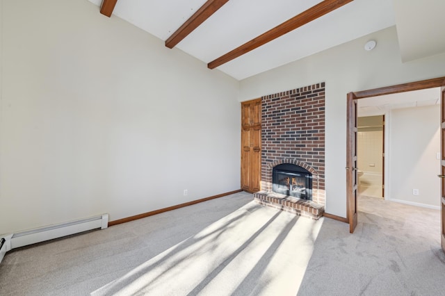 unfurnished living room featuring beam ceiling, light colored carpet, a fireplace, and a baseboard radiator