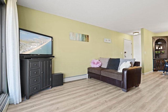 living room featuring light hardwood / wood-style floors and a baseboard radiator