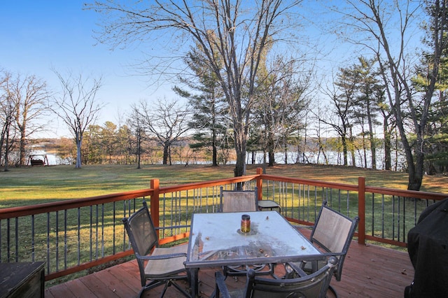 wooden deck featuring a water view and a lawn