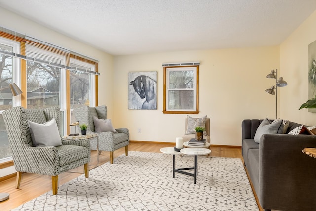 living room featuring a textured ceiling, light wood-type flooring, and a healthy amount of sunlight