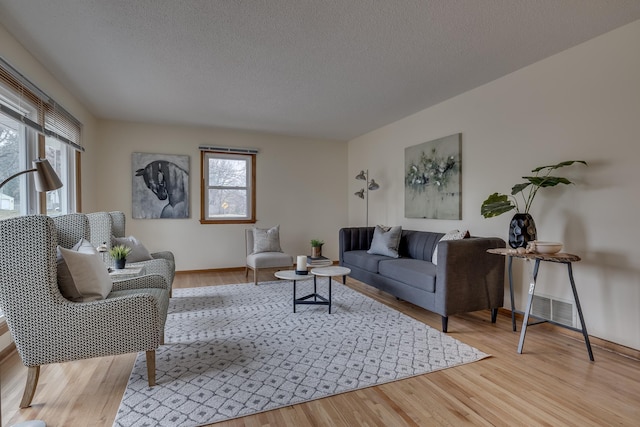 living room featuring a textured ceiling and light hardwood / wood-style flooring