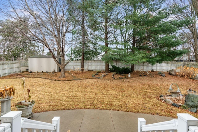 view of yard with a patio area, a shed, an outdoor structure, and a fenced backyard