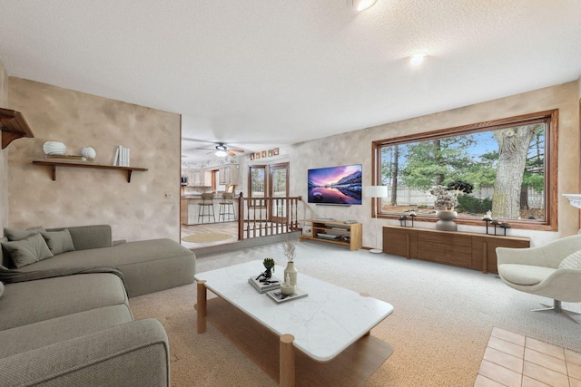 carpeted living area featuring a textured ceiling and a wealth of natural light