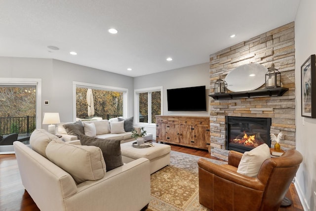 living room featuring wood-type flooring and a fireplace