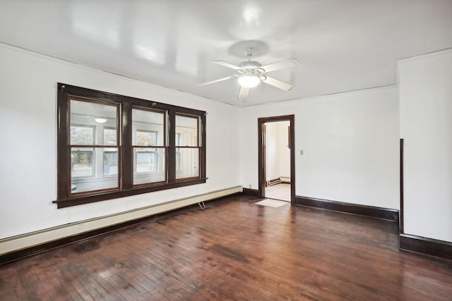 unfurnished room featuring ceiling fan, dark hardwood / wood-style floors, and a baseboard heating unit