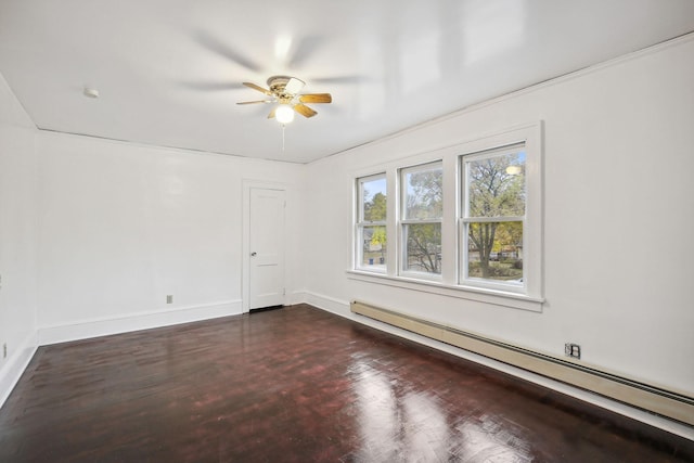 unfurnished room with ceiling fan, a baseboard radiator, and dark hardwood / wood-style flooring