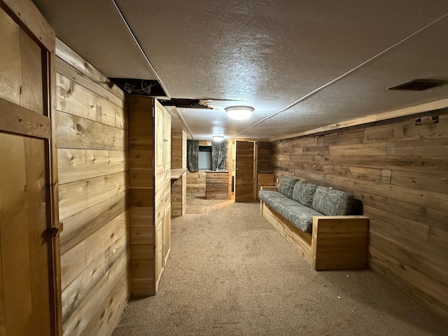 basement featuring light carpet, a textured ceiling, and wooden walls