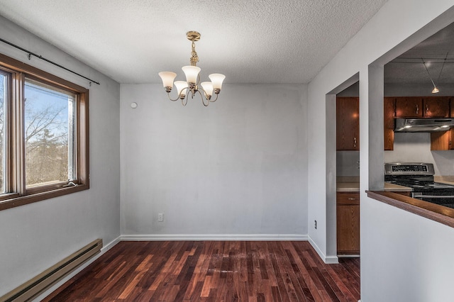 unfurnished dining area with a baseboard radiator, dark wood-type flooring, a textured ceiling, a chandelier, and baseboards