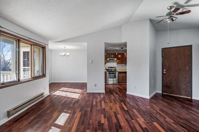 unfurnished living room with baseboards, lofted ceiling, dark wood-style floors, baseboard heating, and a textured ceiling