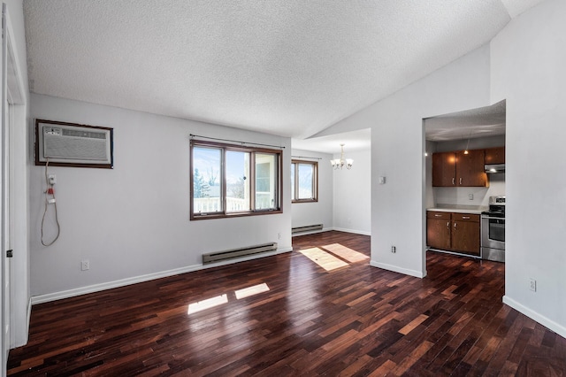 unfurnished living room featuring a notable chandelier, a baseboard heating unit, dark wood-type flooring, vaulted ceiling, and an AC wall unit