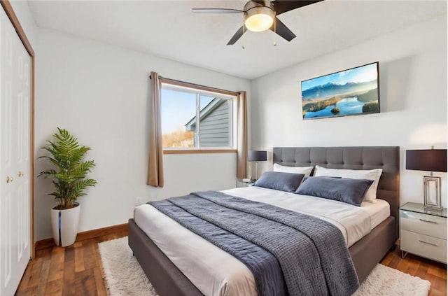 bedroom with ceiling fan, wood-type flooring, and a closet