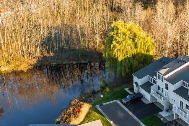 drone / aerial view with a water view