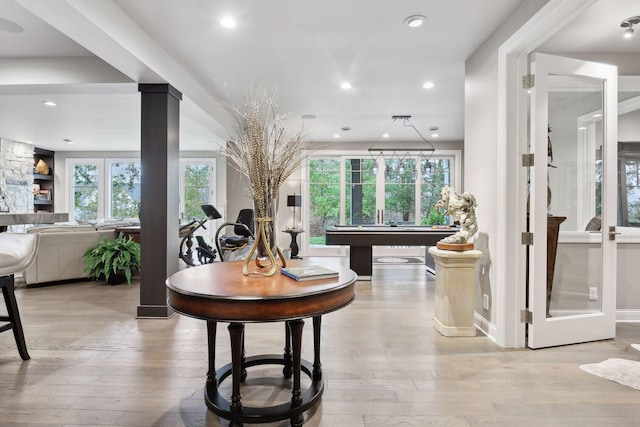 interior space featuring light hardwood / wood-style flooring, a healthy amount of sunlight, and billiards