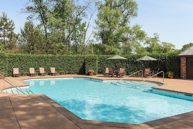 view of swimming pool featuring a patio area